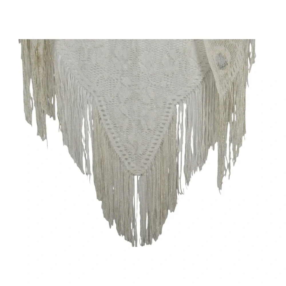 VTG SALLY GEE White w/GOLD METALLIC Floral Eyelet Crochet EVENING WRAP SHAWL OS